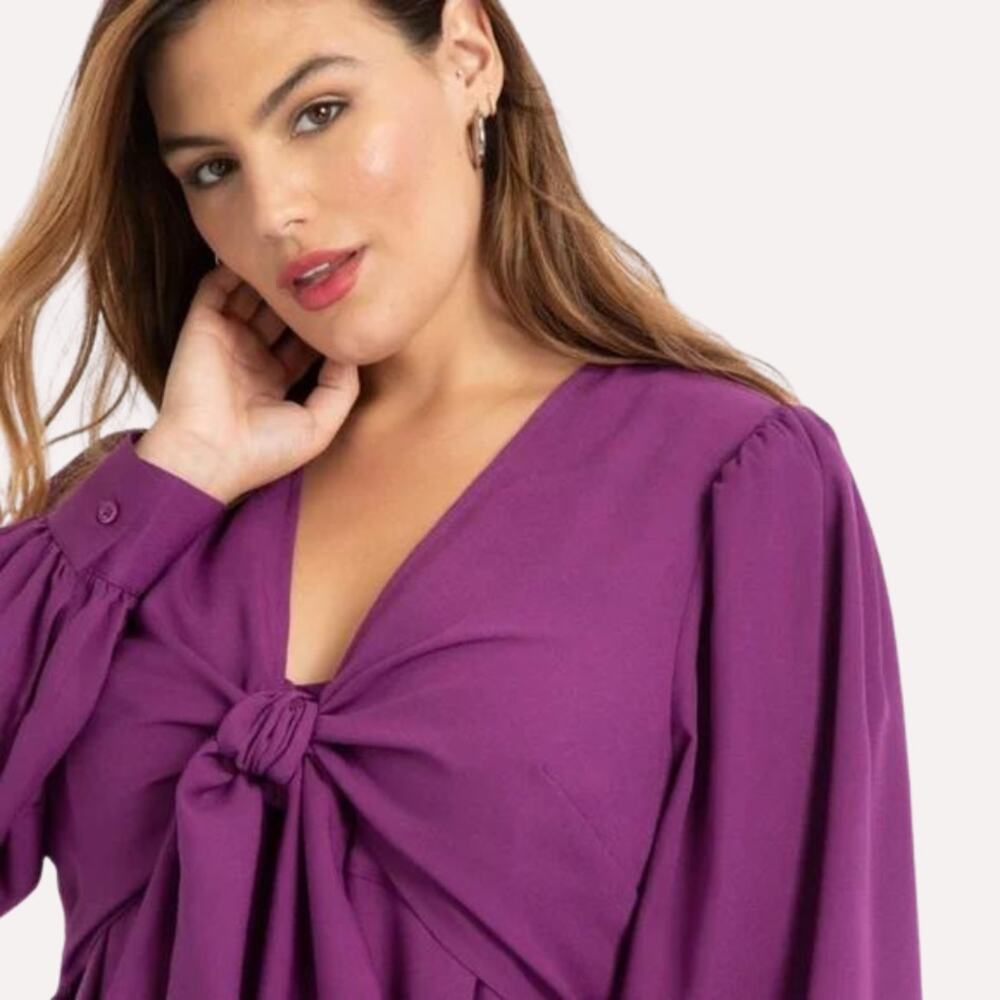 ELOQUII Elements Purple Tie Front V-neck Midi Crepe Dress Plus Size 16 - Picture 3 of 7